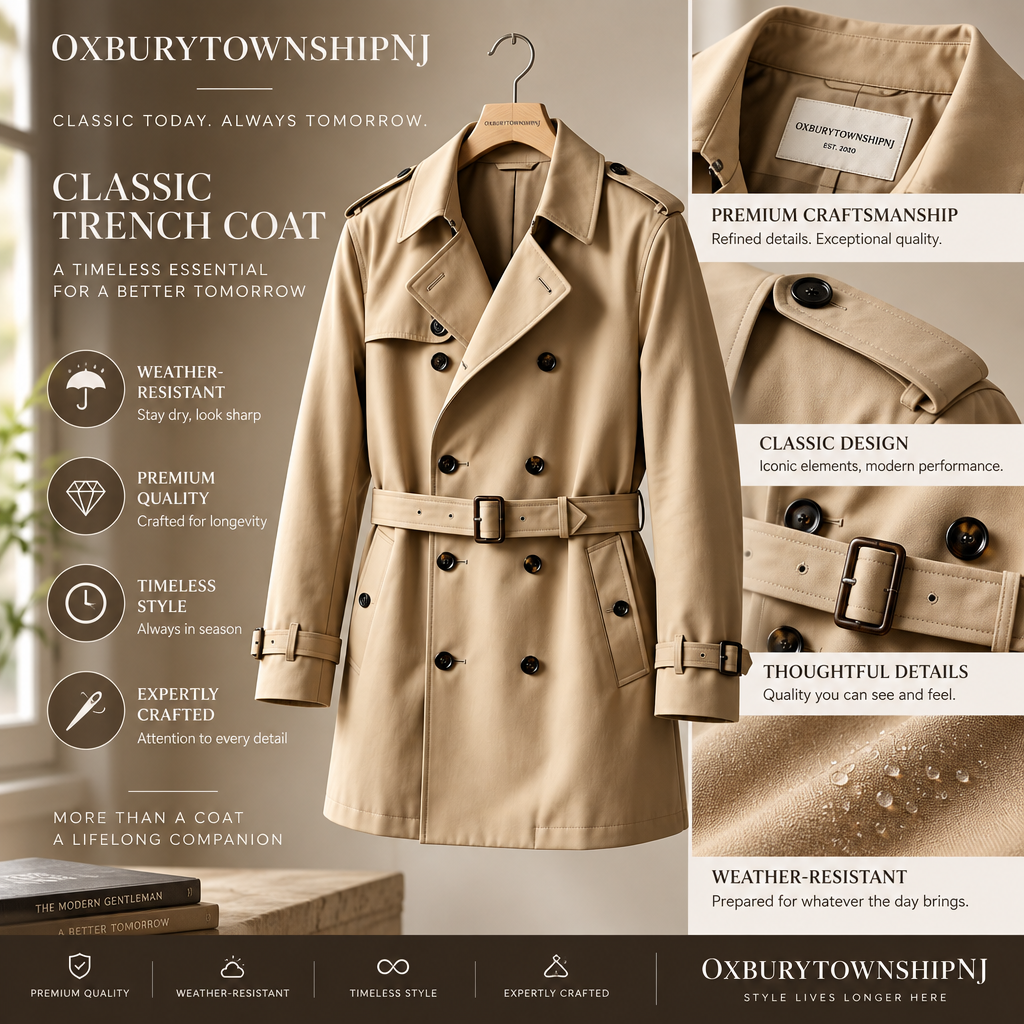 OXBURYTOWNSHIPNJ™ RainVector Convertible Trench Coat – Lightweight Weather-Ready Men’s Commuter Coat