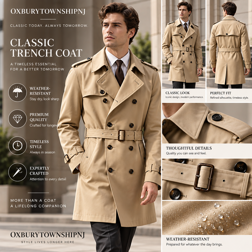 OXBURYTOWNSHIPNJ™ RainVector Convertible Trench Coat – Lightweight Weather-Ready Men’s Commuter Coat